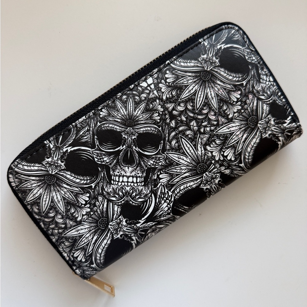 Punk Sugar Skulls Printed Black White Skull Floral Large Zipper Wallet